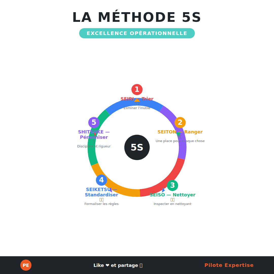 Infographie de la méthode 5S : Seiri, Seiton, Seiso, Seiketsu, Shitsuke