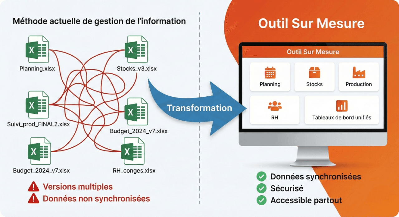 Comparaison entre le chaos des fichiers Excel et outils multiples vs un système de gestion sur mesure intégré