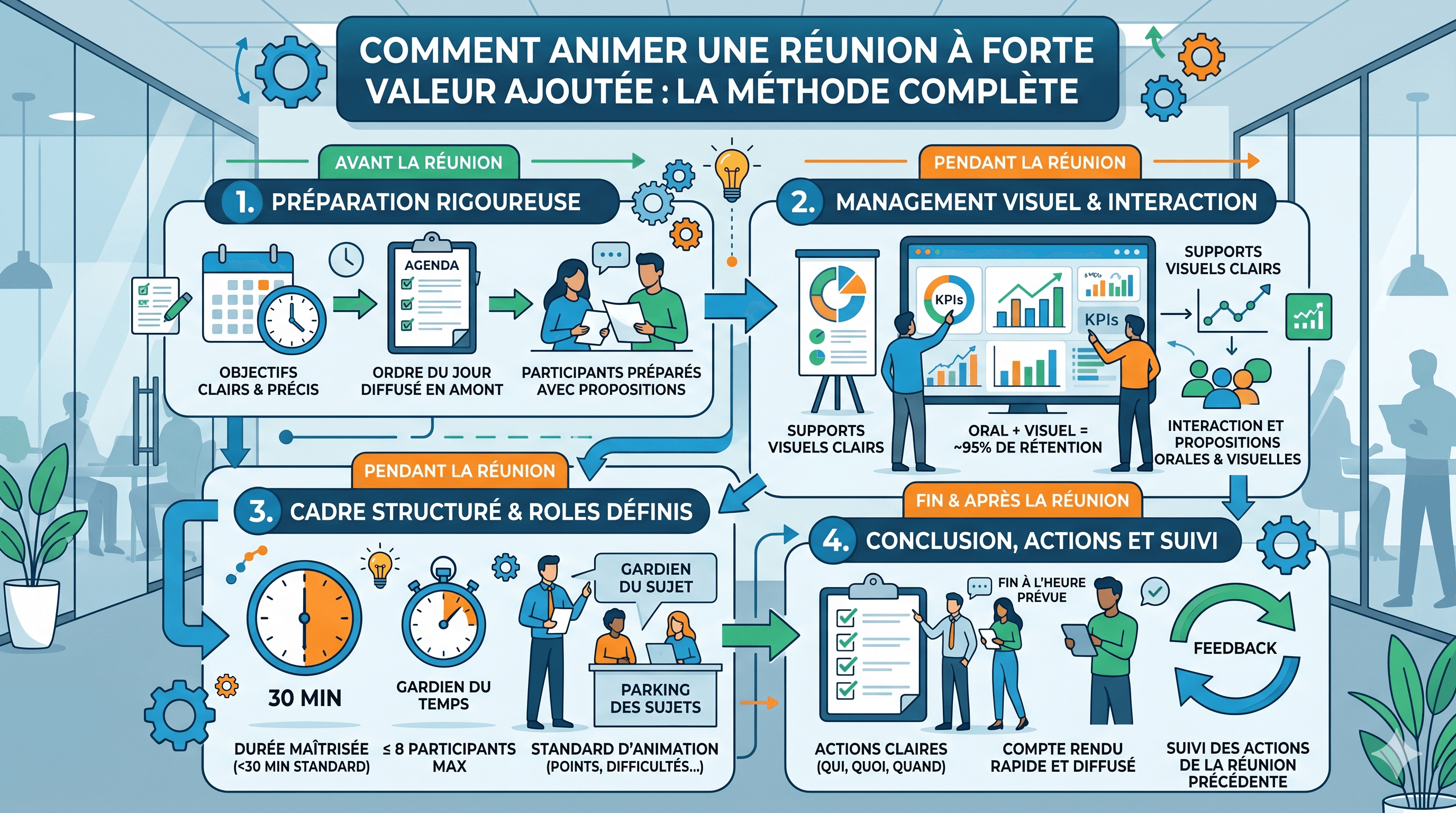 Comment structurer une réunion à forte valeur ajoutée : ordre du jour, management visuel, durée maîtrisée et compte rendu