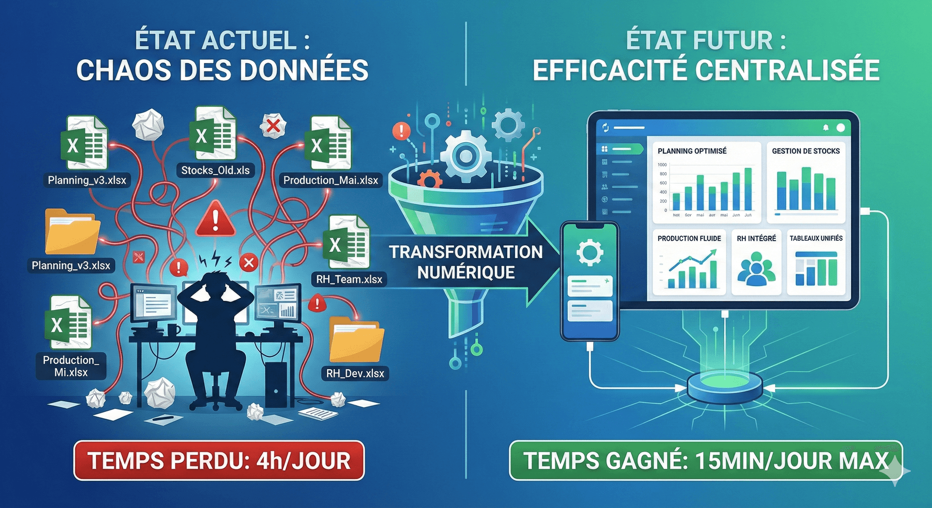 Avant : stress et fichiers Excel dispersés - Après : sérénité avec un outil unifié