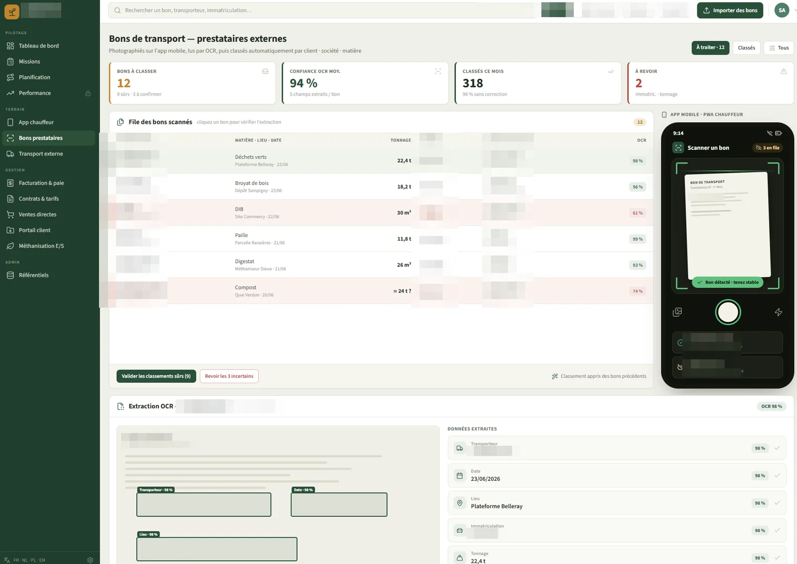 Bons de transport scannés par OCR depuis l'application mobile chauffeur