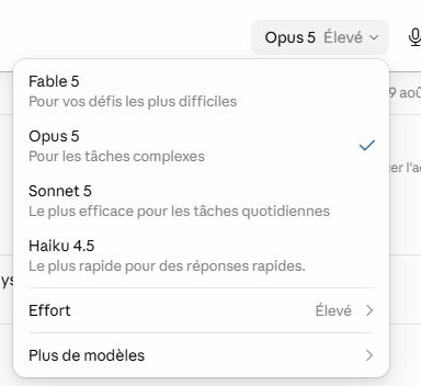 Le menu des modèles Claude avec le réglage d'effort