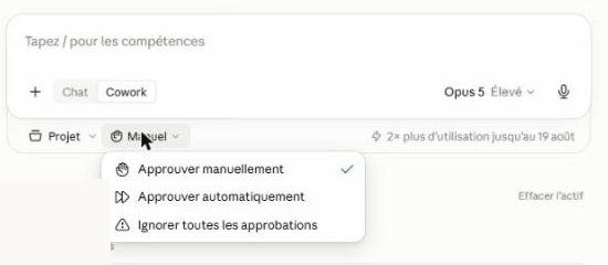 Le menu des modes d'approbation de Claude : manuel, automatique, ou aucune approbation
