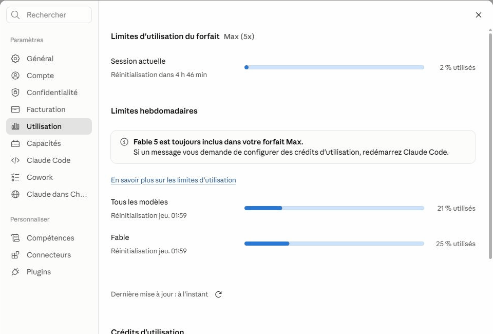 L'écran Utilisation de Claude avec les limites de session et hebdomadaires