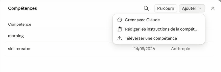 Le menu Ajouter des réglages Compétences de Claude, avec ses trois options