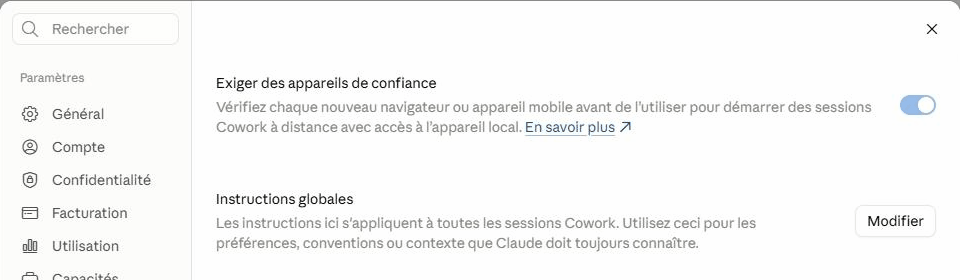 Les réglages Cowork de Claude avec la section Instructions globales
