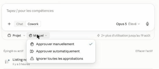 Le sélecteur Cowork et ses trois modes d'approbation dans l'application Claude