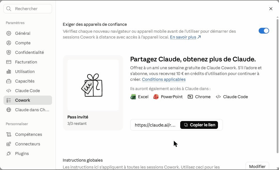 Écran de réglages Cowork dans Claude : appareils de confiance et instructions globales