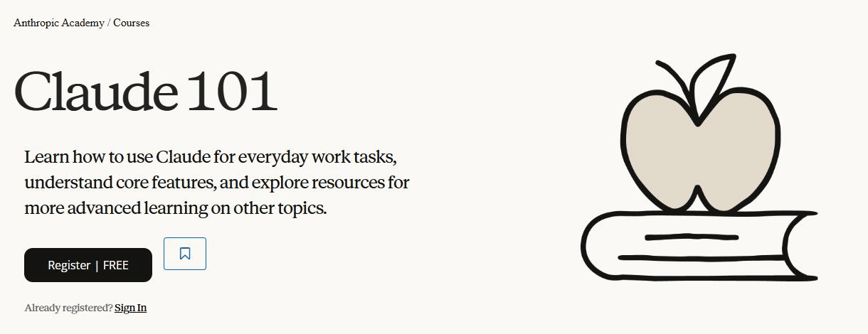 La fiche du cours Claude 101 sur Anthropic Academy, avec le bouton d'inscription gratuite