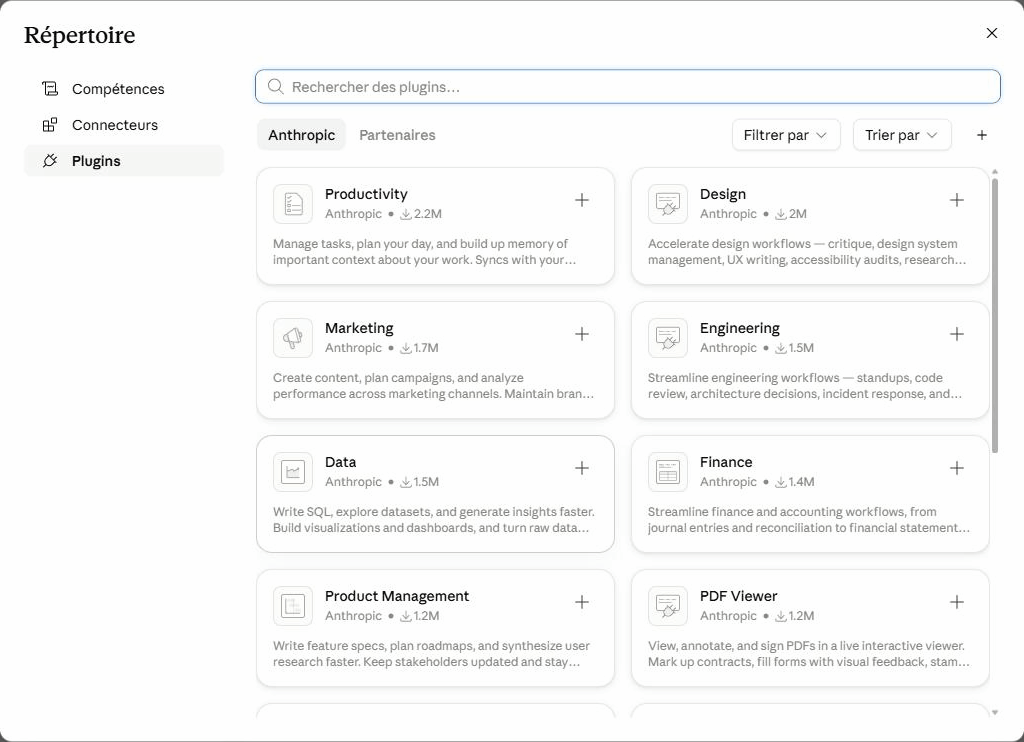 Le répertoire des plugins de Claude, avec les collections Productivity, Design, Marketing et Engineering