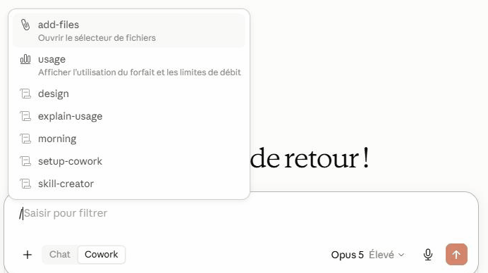 Le menu qui apparaît en tapant une barre oblique dans la zone de saisie de Claude