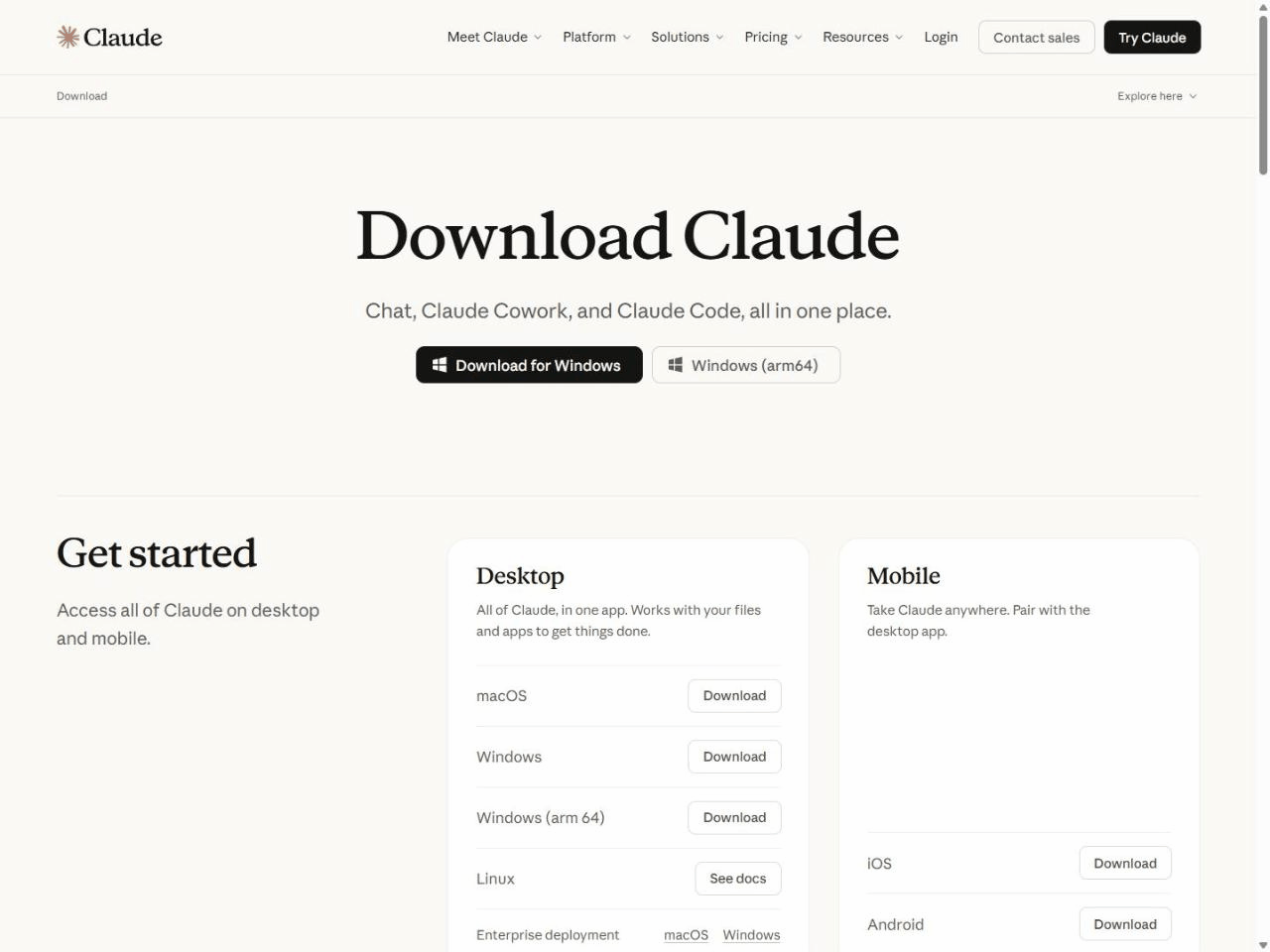 Page de téléchargement de Claude : versions macOS, Windows, Linux et mobile