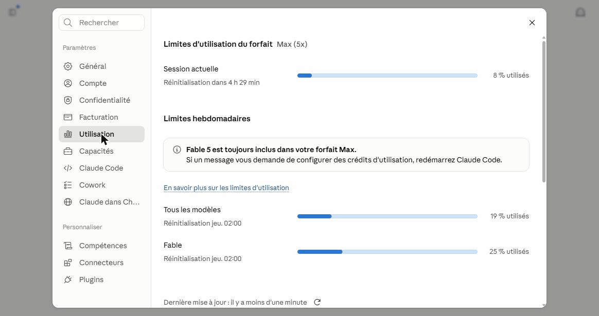 Écran Utilisation de Claude : limites de la session en cours et limites hebdomadaires
